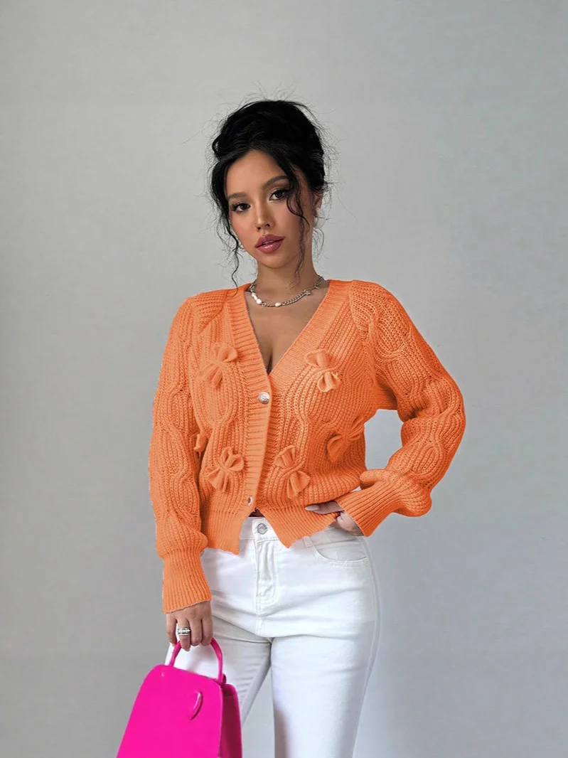 Athvotar Athvotar And Winter New Sweater Women's Tops Solid Color Long-Sleeved Bow Knitted Shirt Jacket