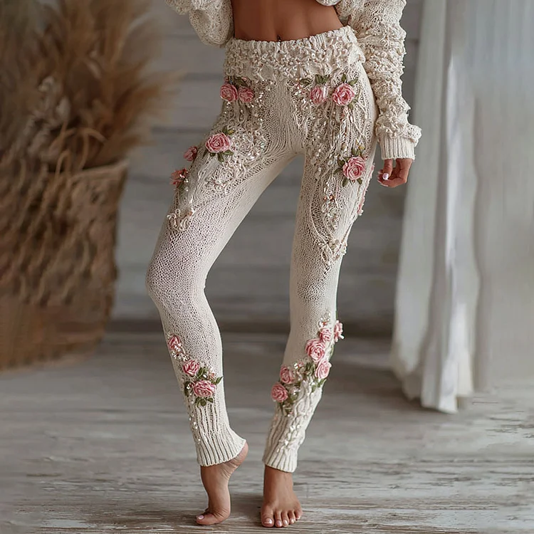 Women's Vintage Pink Floral Art Cozy Knit Leggings