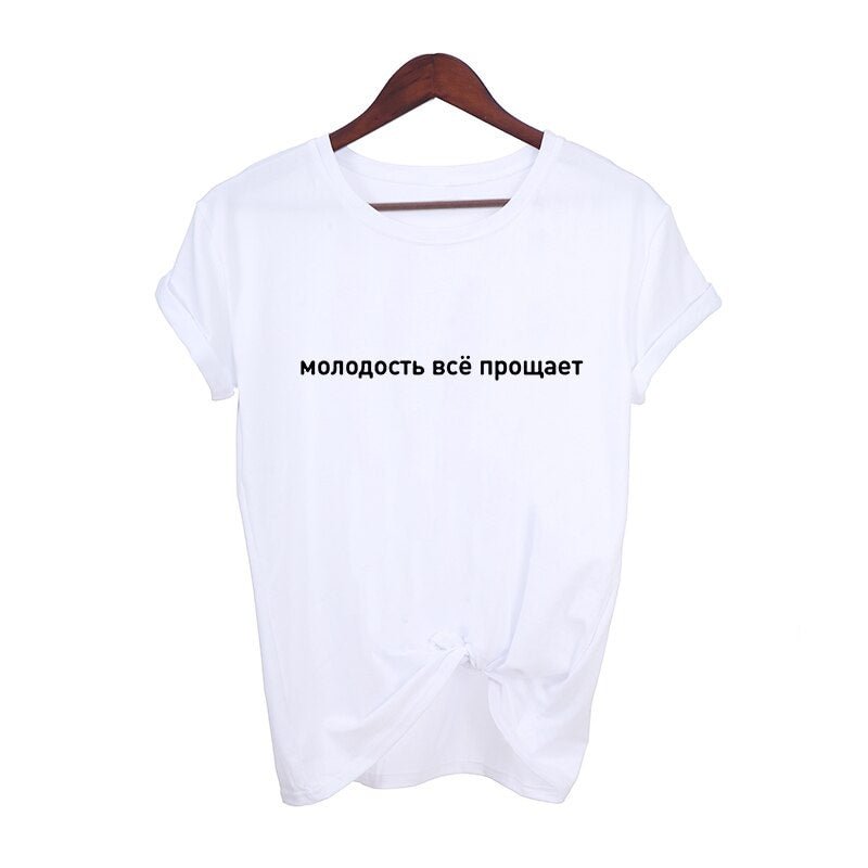 Women's T-shirts with Inscriptions Russian Letter Printed Casual Tee Black T-shirt Vintage Street Wear Camisetas Mujer Tops