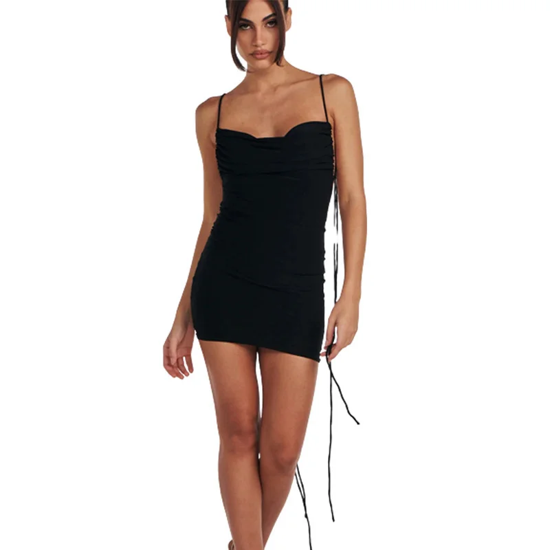 Uveng Uveng Summer New Women's Sexy Back Fashion One Word Collar Pleated Bag Hip Dress Woman