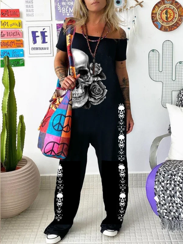 Punk skeleton rose print casual jumpsuit