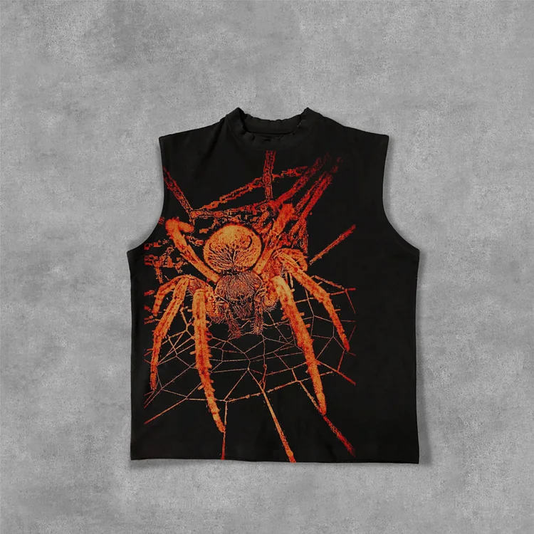 Orange Spider Print Cotton Tank Top SOPULA