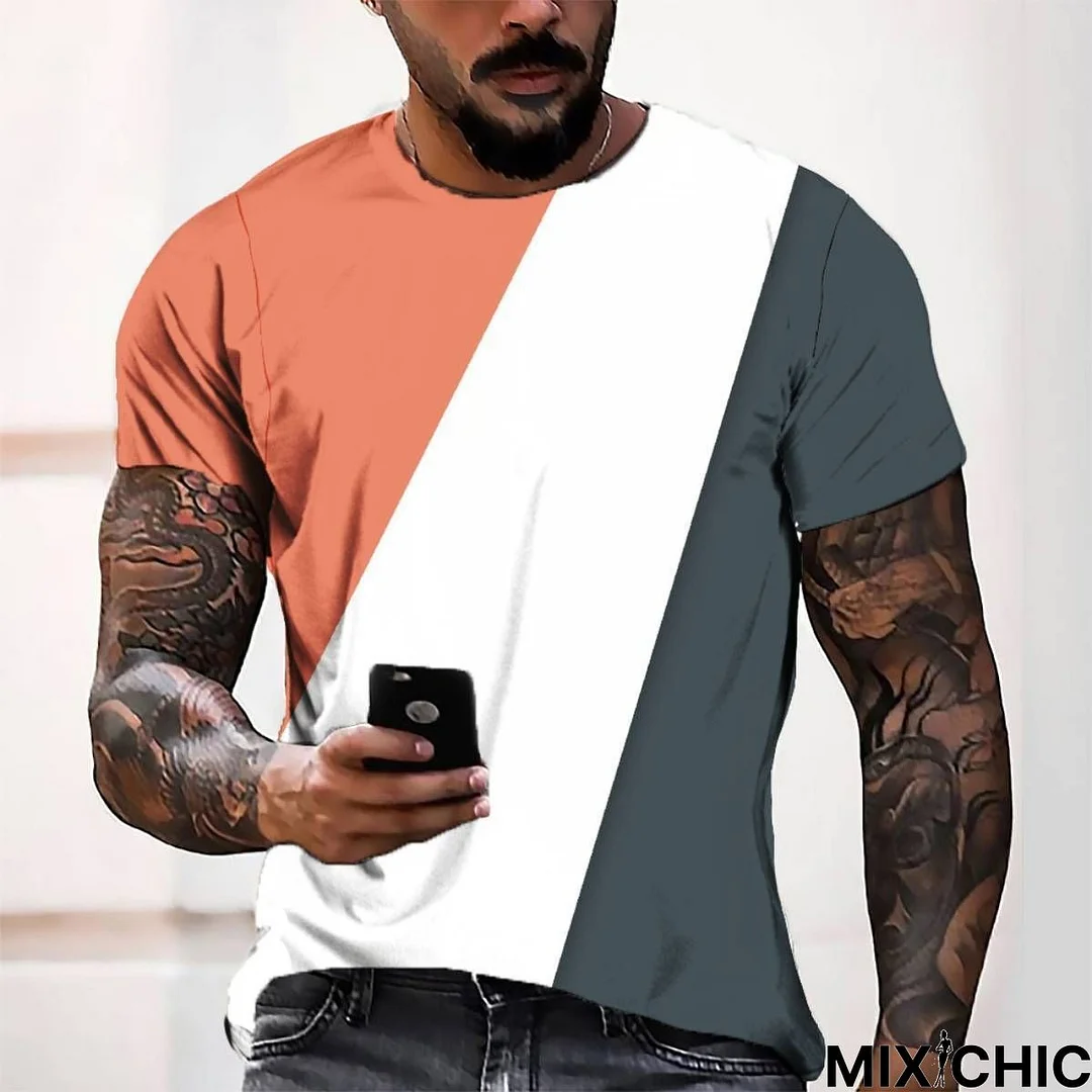 3D Digital Printing Three-Color Block Simple Style Men's Casual Loose Short-Sleeve T-Shirt