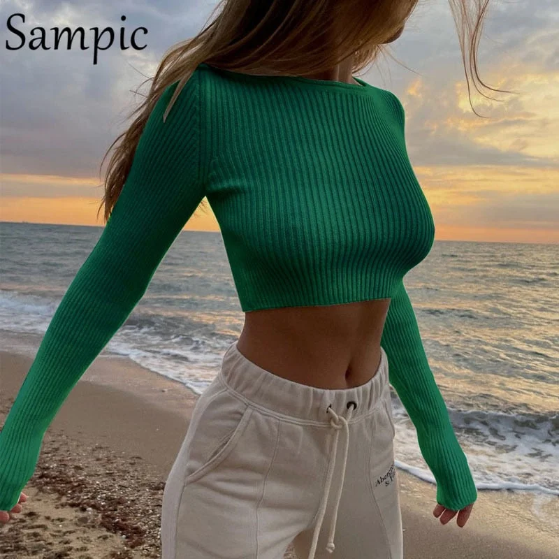 Sampic Pullover Knitwear Casual Club Sweater Women 2021 Winter Y2K Green Knitted Skinny Mini Basic Cropped T Shirt Tops Fashion