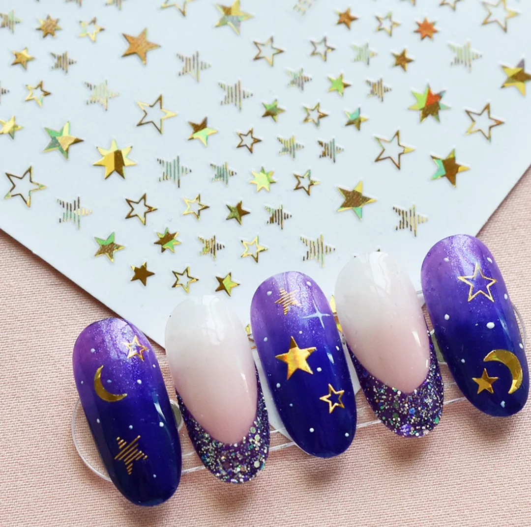 Stars Stickers Hologram Silver Gold Black & White 3D Engraved Nail Sticker Nail Art Decorations Nail Decals Design