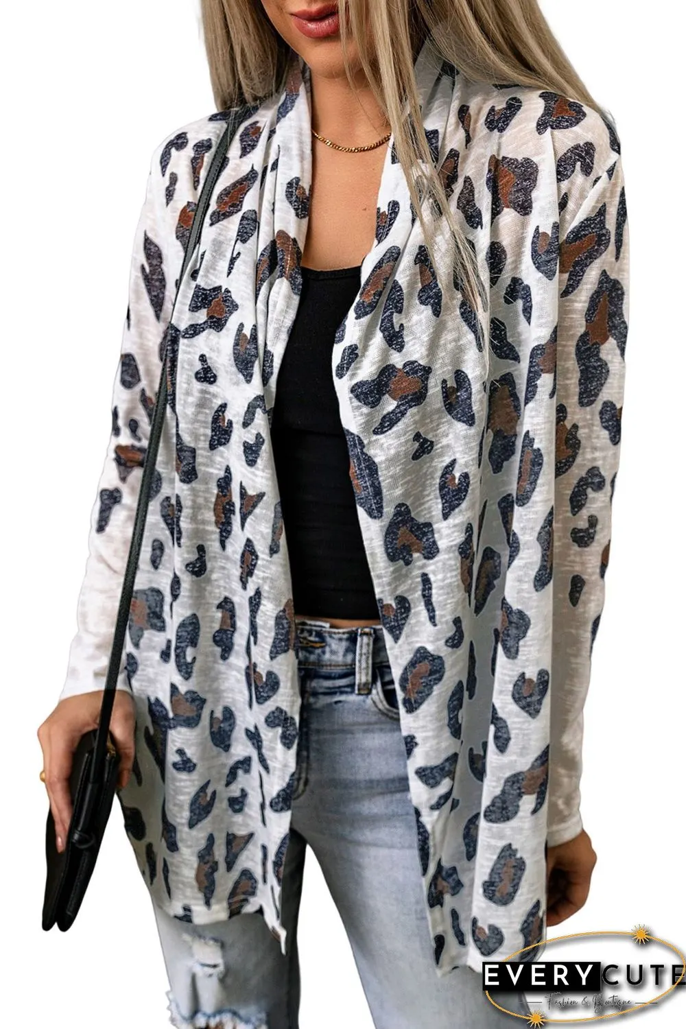 White Vintage Leopard Print Open Cardigan