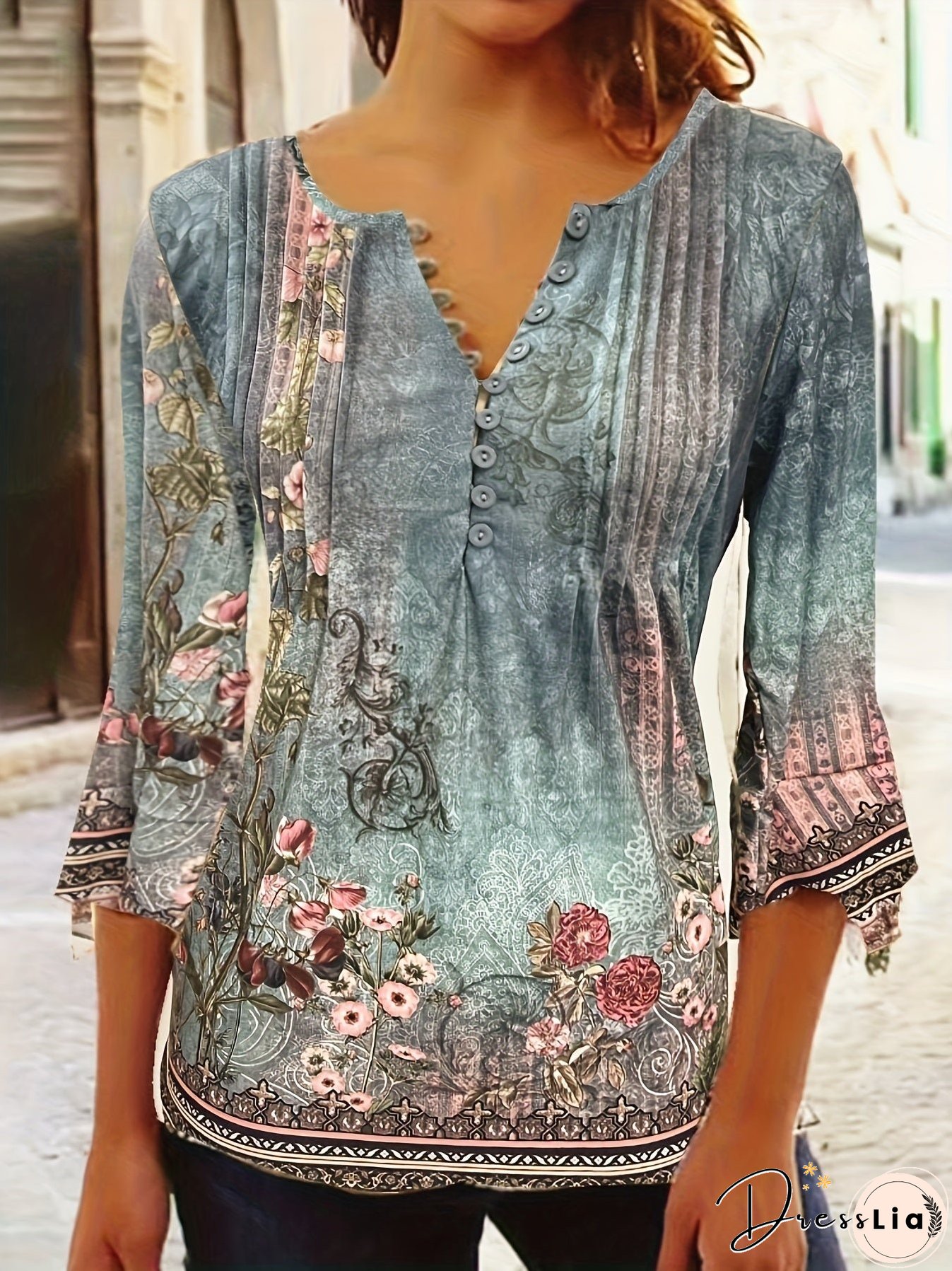 Floral Print Pleated Button Front T-Shirt, Casual Ruffle Sleeve T-Shirt For Spring & Summer, Women's Clothing