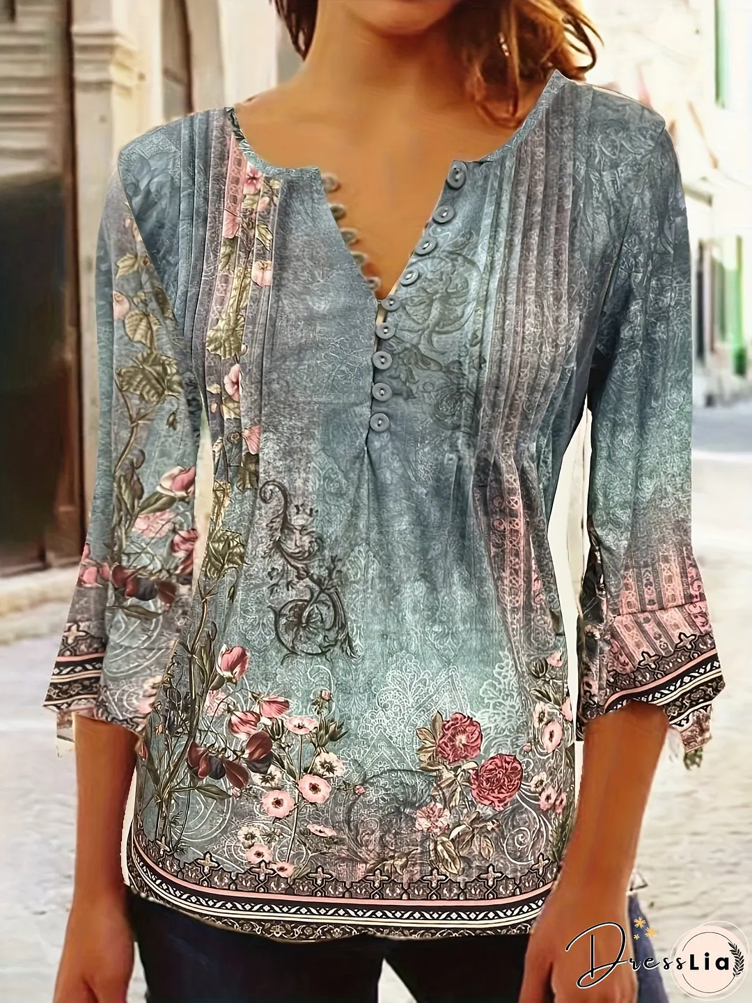 Floral Print Pleated Button Front T-Shirt, Casual Ruffle Sleeve T-Shirt For Spring & Summer, Women's Clothing