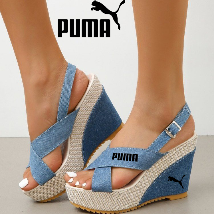 Puma new summer thick-soled wedge-heeled denim cross-buckle beach sandals