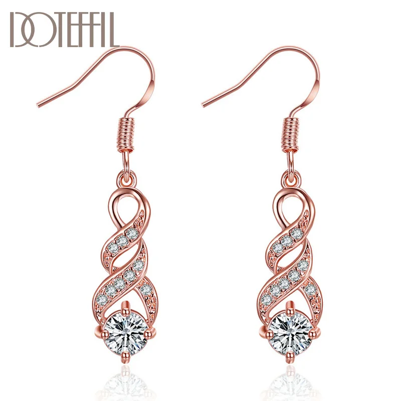 DOTEFFIL 925 Sterling Silver Rose Gold AAA Zircon Earring Romantic For Woman Jewelry