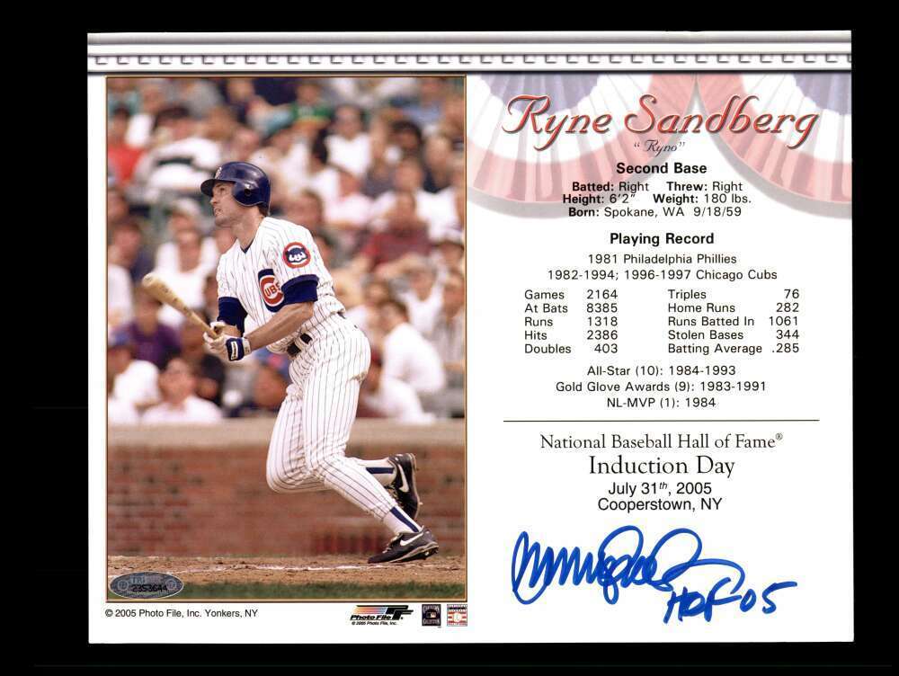 Ryne Sandberg Tri Star Coa Signed 8x10 Photo Poster painting HOF Induction Autograph