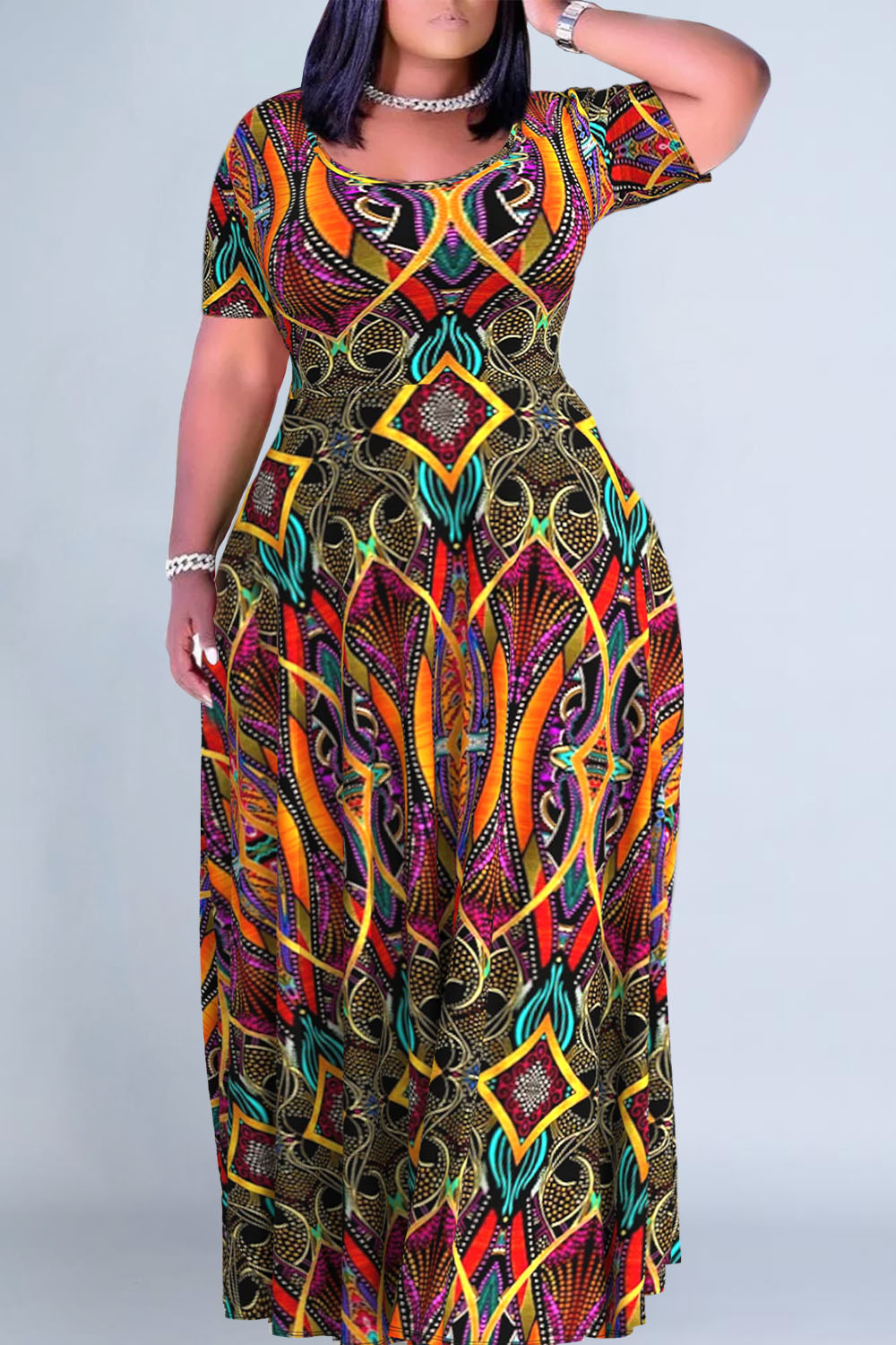 Plus Size Multicolor Casual Tribal Print Round Neck Short Sleeve Maxi Dresses [Pre-Order]
