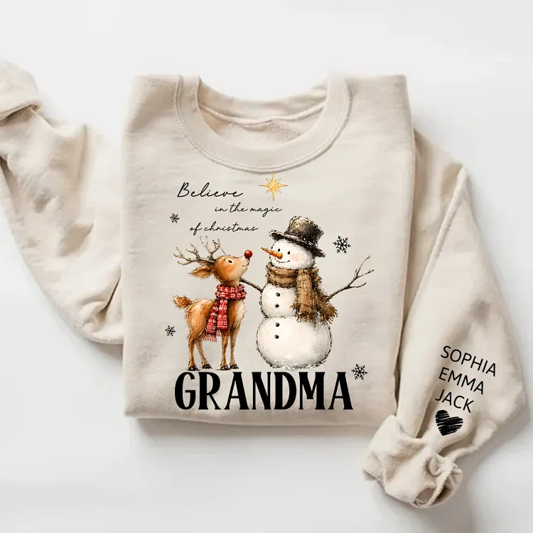 Personalized Believe in the Magic of Christmas Grandma Sweatshirt, Custom Grandkids Names Funny Snowman, Cute Snowman Holiday Gift For Grandma