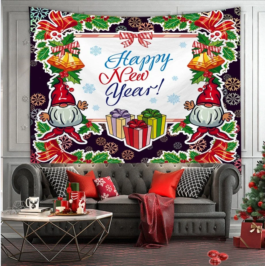 Christmas Tree Print Tapestry Wall Hanging Background Cloth Decor Red Santa Claus Polyester Tapestry Home Room Wall Decoration