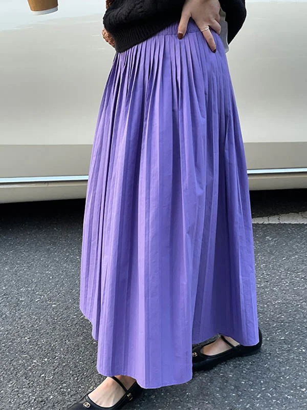 Solid Color Pleated Elasticity Loose High Waisted Skirts