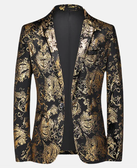 Glamorous Black Lapel Collar Golden Jacquard One Button Blazer