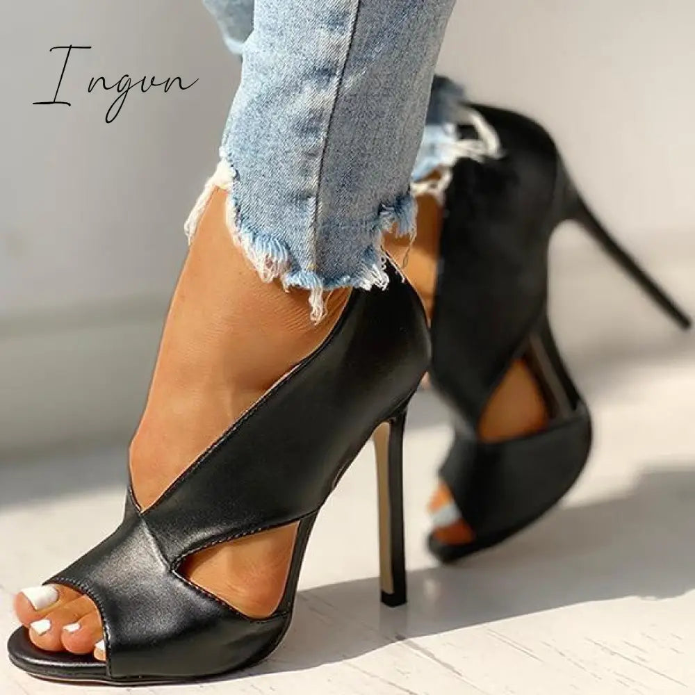 Ingvn - Solid Peep Toe Cut Out Pu Thin Heels Black / 5