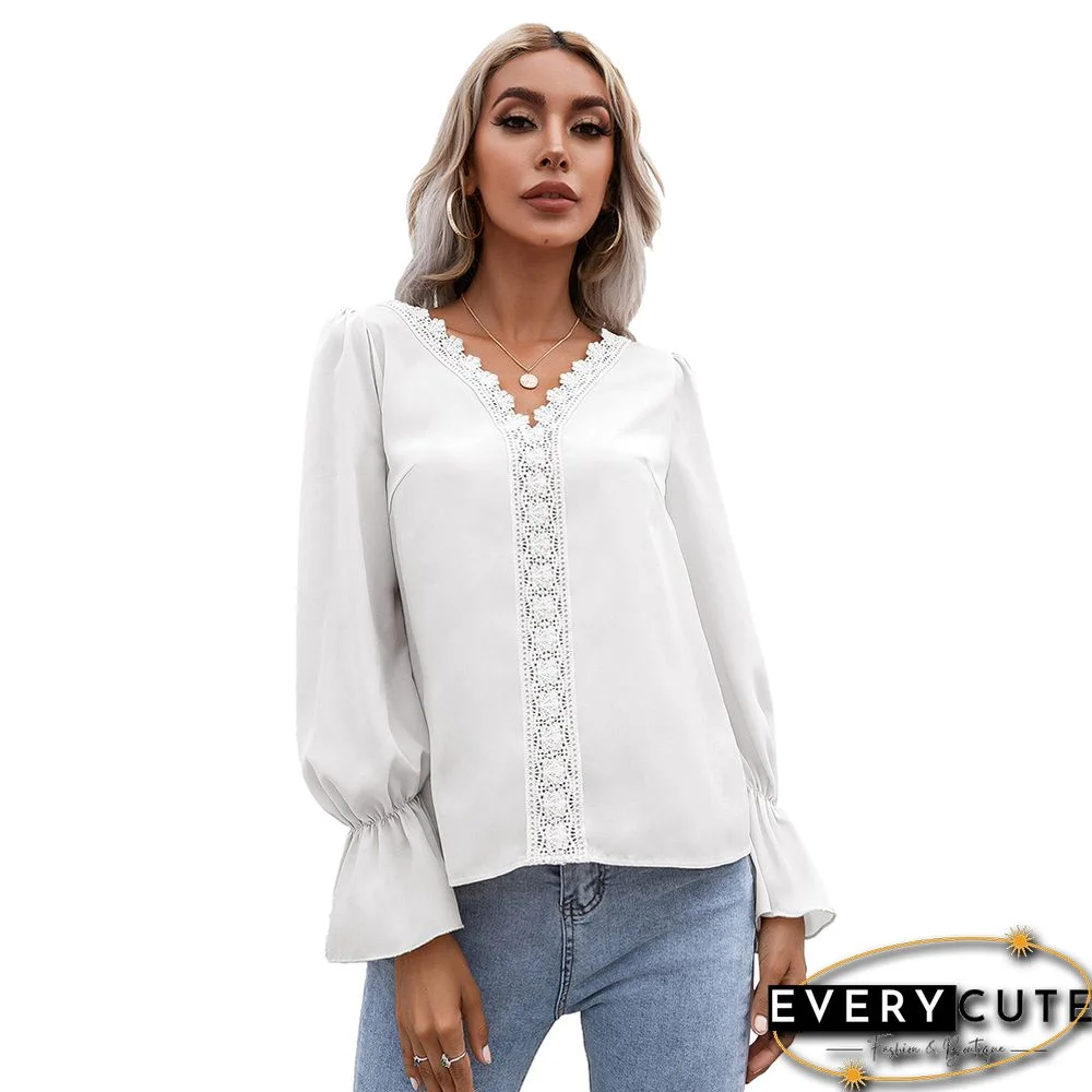 White Hollow Out V Neck Long Sleeve Tops