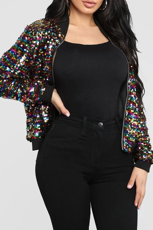 Colorful Sequined Zipper Bomber Jacket