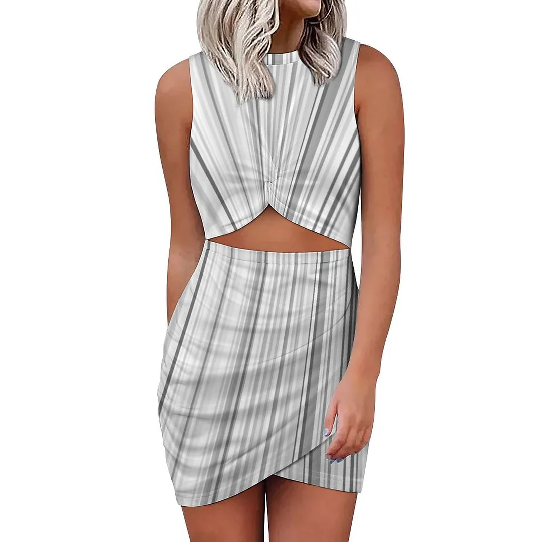 Striped Vertical Stripes White Gray Light Grey Hollow Out Twist Bodycon Dress Women Ruched Wrap Slim Party Club Mini Dresses