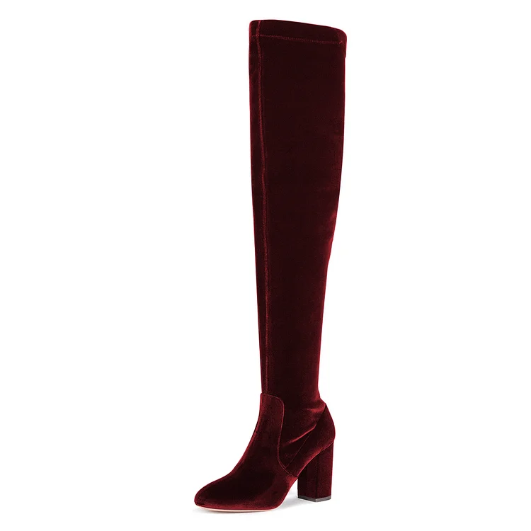 Elegant Burgundy Velvet Chunky Heel Over The Knee Boots |FSJ Shoes