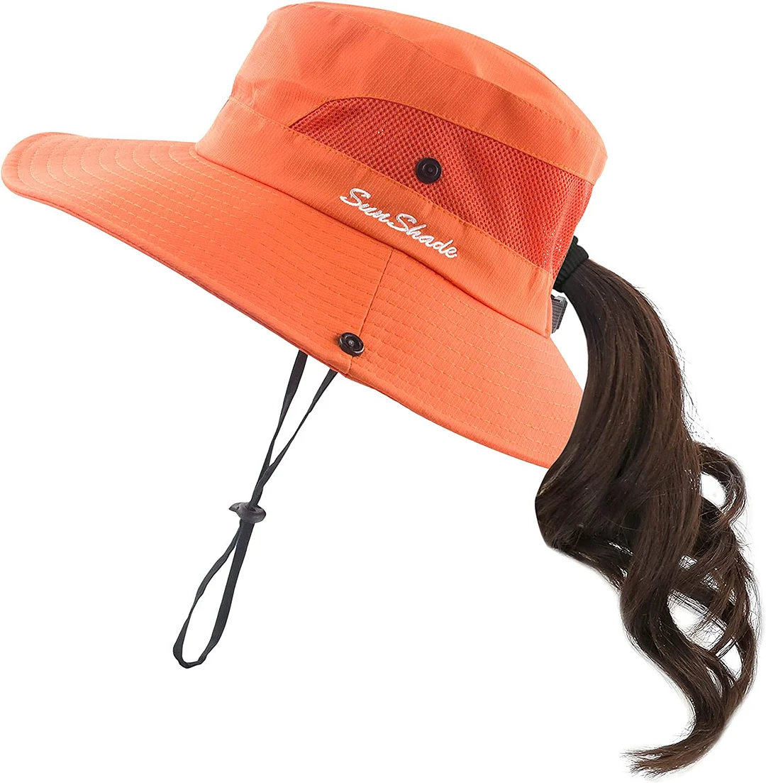 Women's Summer Mesh Wide Brim Sun UV Protection Hat with Ponytail Hole