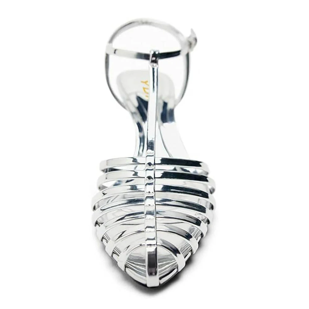 Pointed Toe Stiletto Heel Cut Out T-Strap Silver Sandals with Buckle