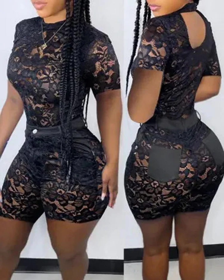Short Sleeve Lace Top & Pocket Design Shorts Set