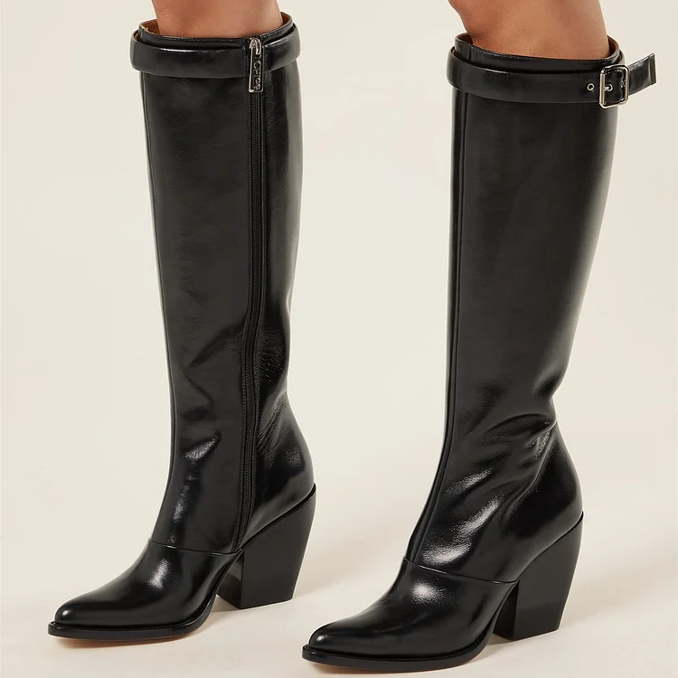 Black Block Heel Long Boots Knee-high Boots |FSJ Shoes