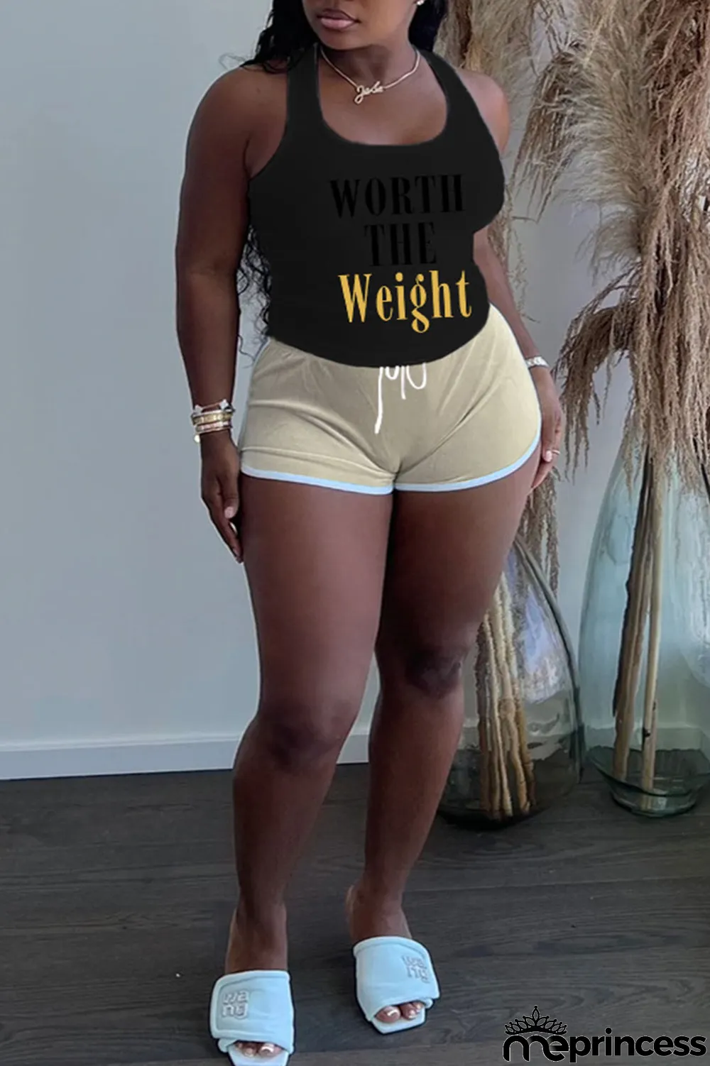 Black Plus Size Casual Letter Print Patchwork U Neck Plus Size Two Pieces