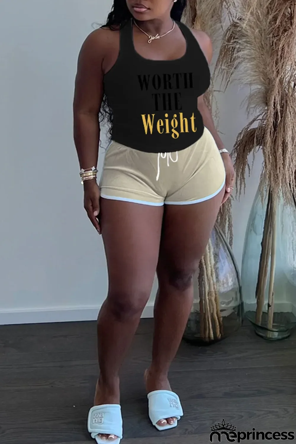 Black Plus Size Casual Letter Print Patchwork U Neck Plus Size Two Pieces