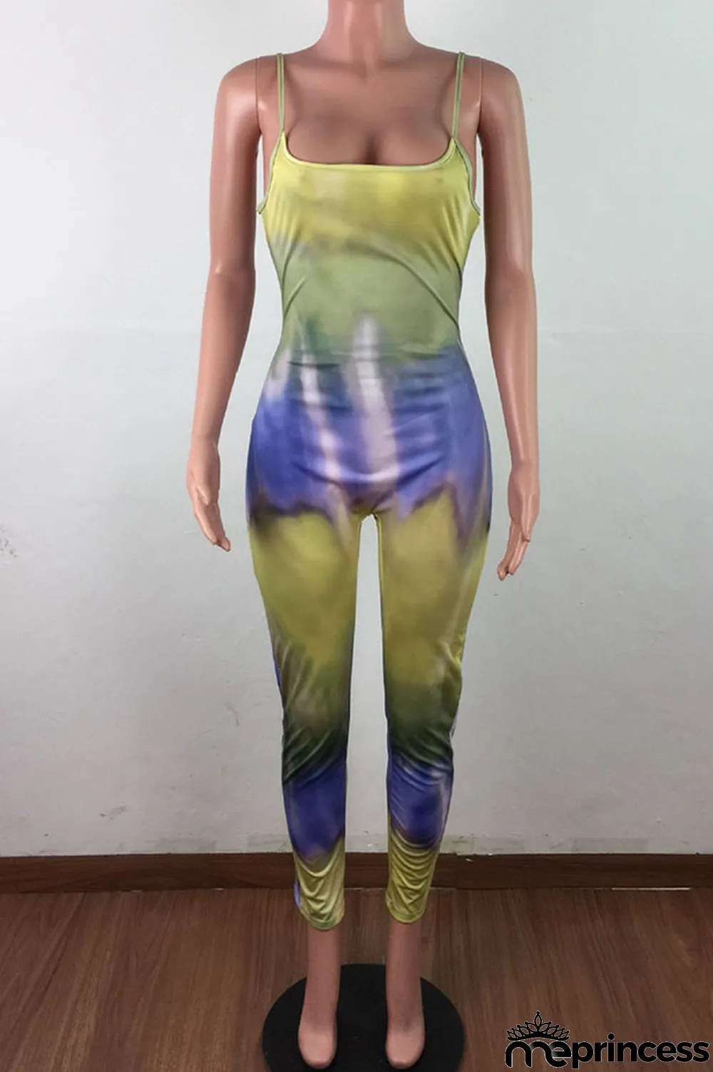 Blue Fashion Sexy Tie-dyed Sleeveless Slip Jumpsuits