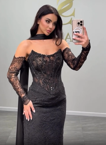 Lisliy Black Prom Dress Charmeuse Long Sleeves Beadings Gloves 
