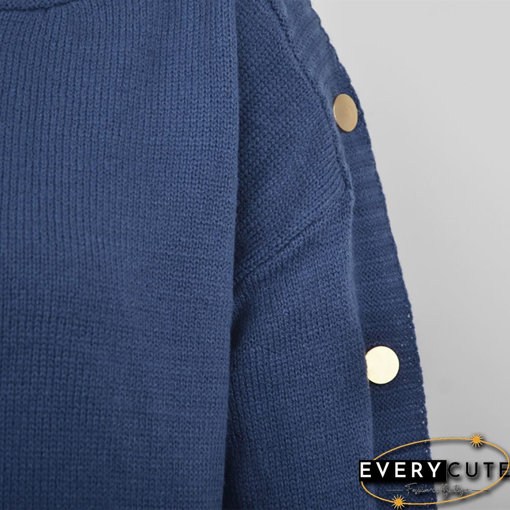 Navy Blue One-side Button Long Sleeve Pullover Sweater