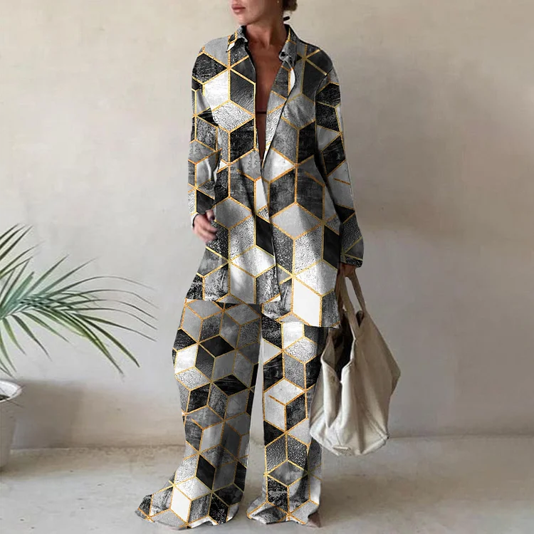 Geometric Print Shirt Pants Two Piece Set