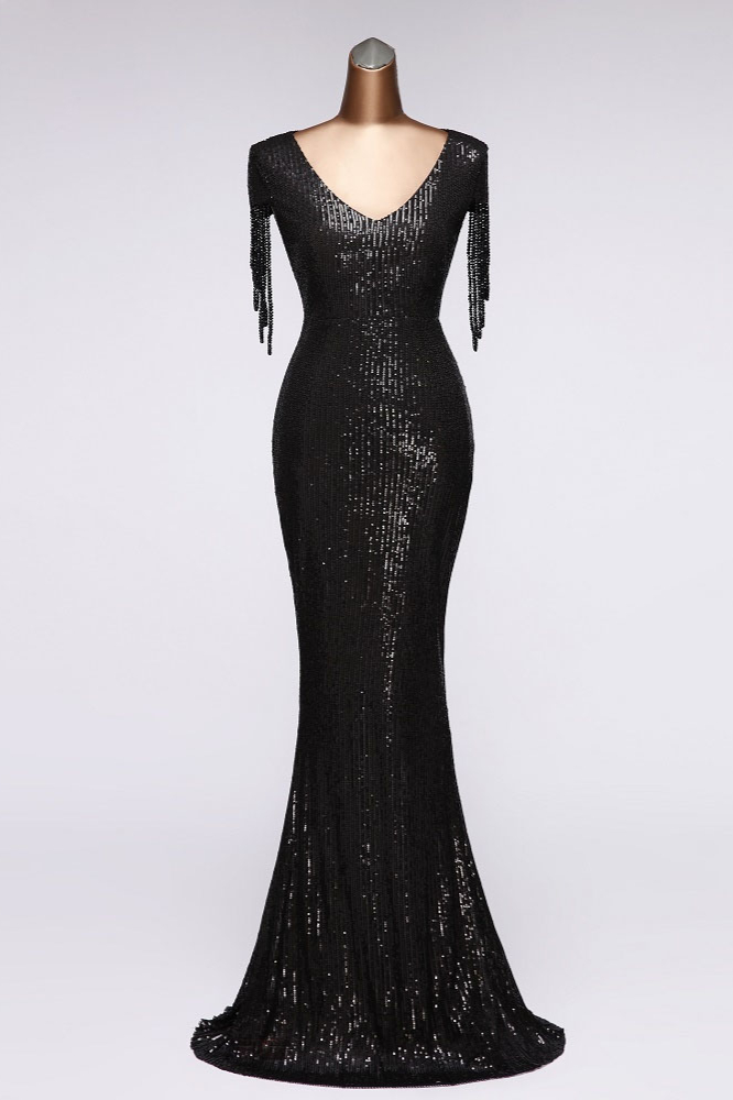 black sequins v-neck long mermaid prom dress