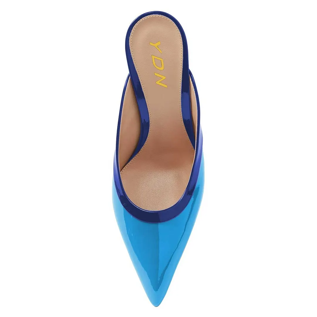 Patent Pointed Toe Stiletto Heel Slip-On Women's Mules Shoes in Blue