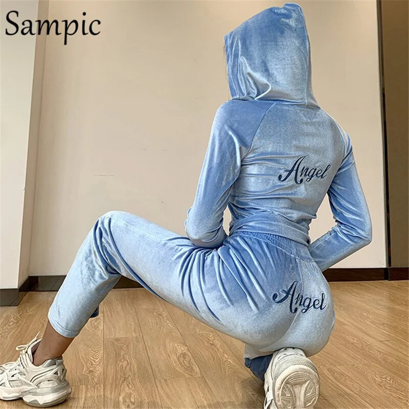 Sampic Fashion Sexy Women Casual Pants Set Long Sleeve Velvet Embroidery Hoodies Tops And Sport Pants Two Piece Set Outfits
