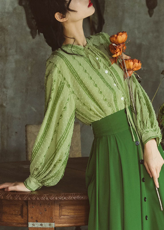VCSHOES Green Embroideried Lace Up Cotton Shirt Top Spring