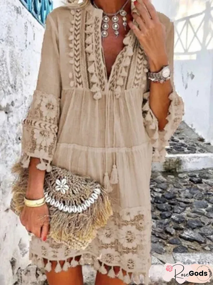 3/4 Sleeve V Neck Holiday Boho Dress