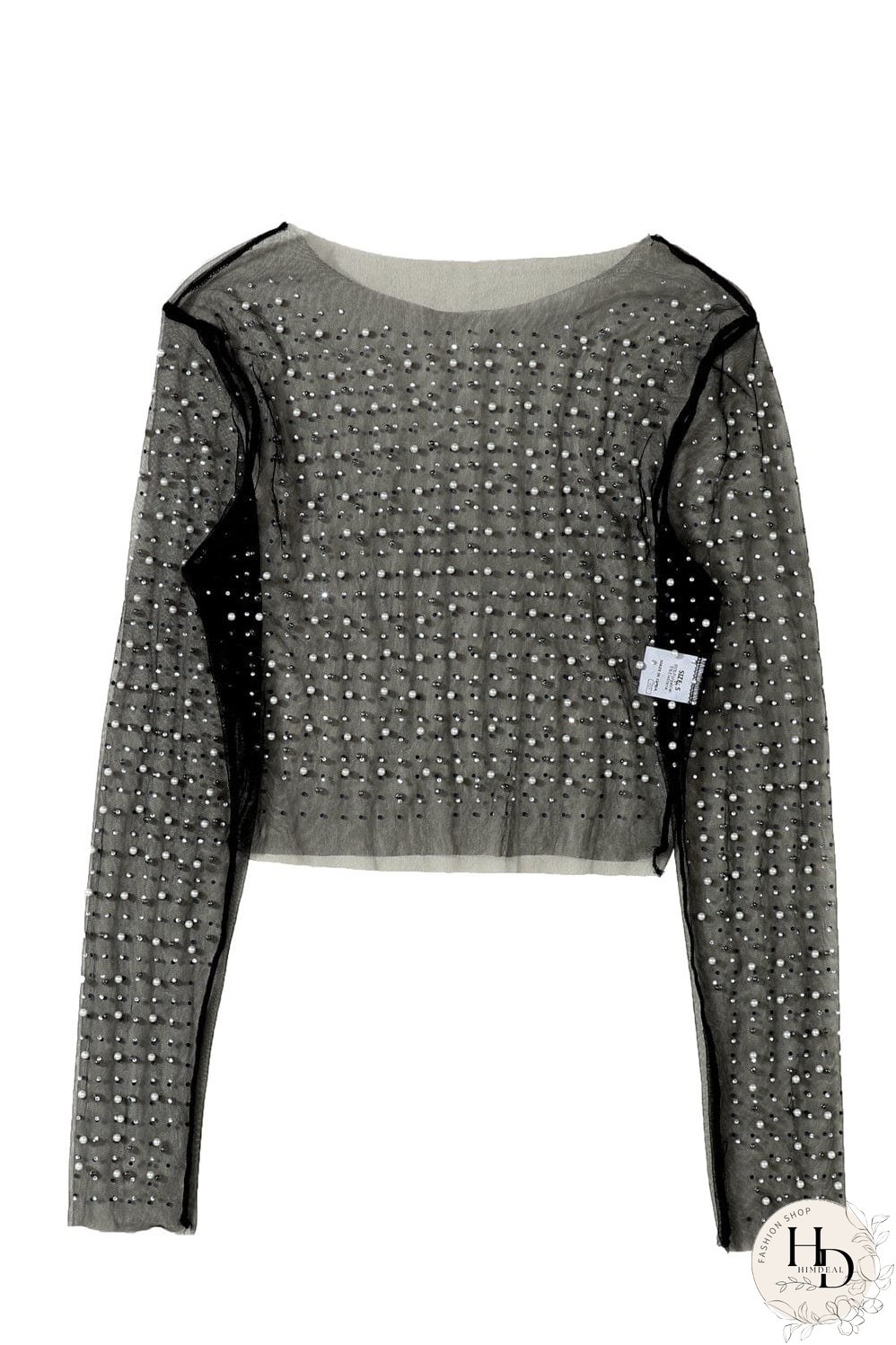 Elegant Black Mesh Sheer Top with Pearl and Rhinestone Embellishments