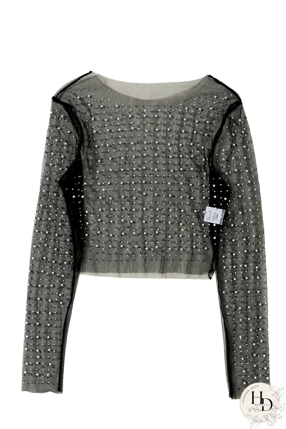 Elegant Black Mesh Sheer Top with Pearl and Rhinestone Embellishments