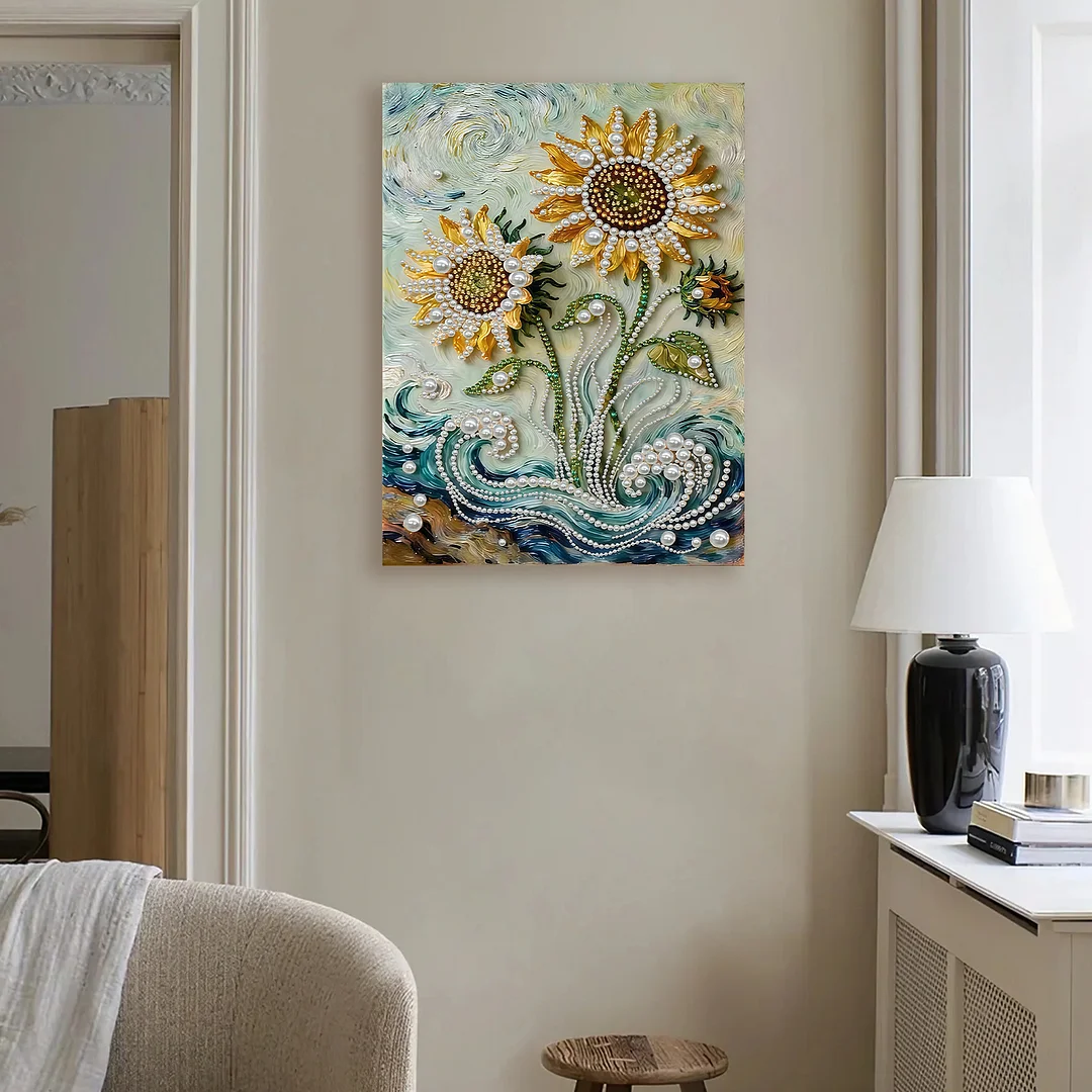 Sunflower DIY Pearl Diamond Art Painting Kit with Frame 11.81x15.75in Home Decor