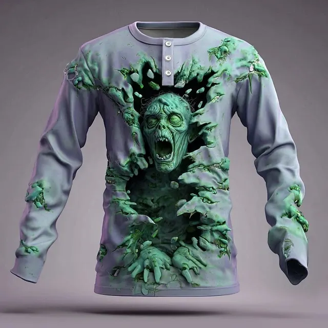 Men's Halloween Optical Illusion Zombies 3d Henry Collar T-shirt