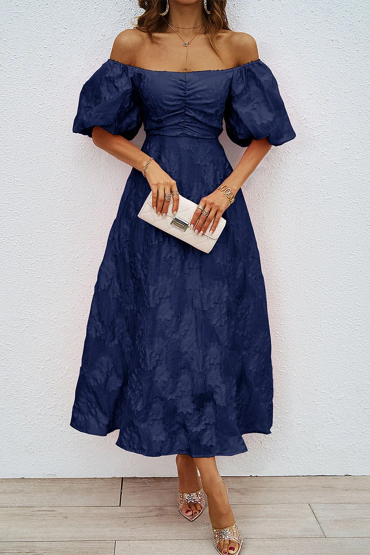 Cocktail Navy Blue Off The Shoulder Puff Sleeve Jacquard Maxi Dress