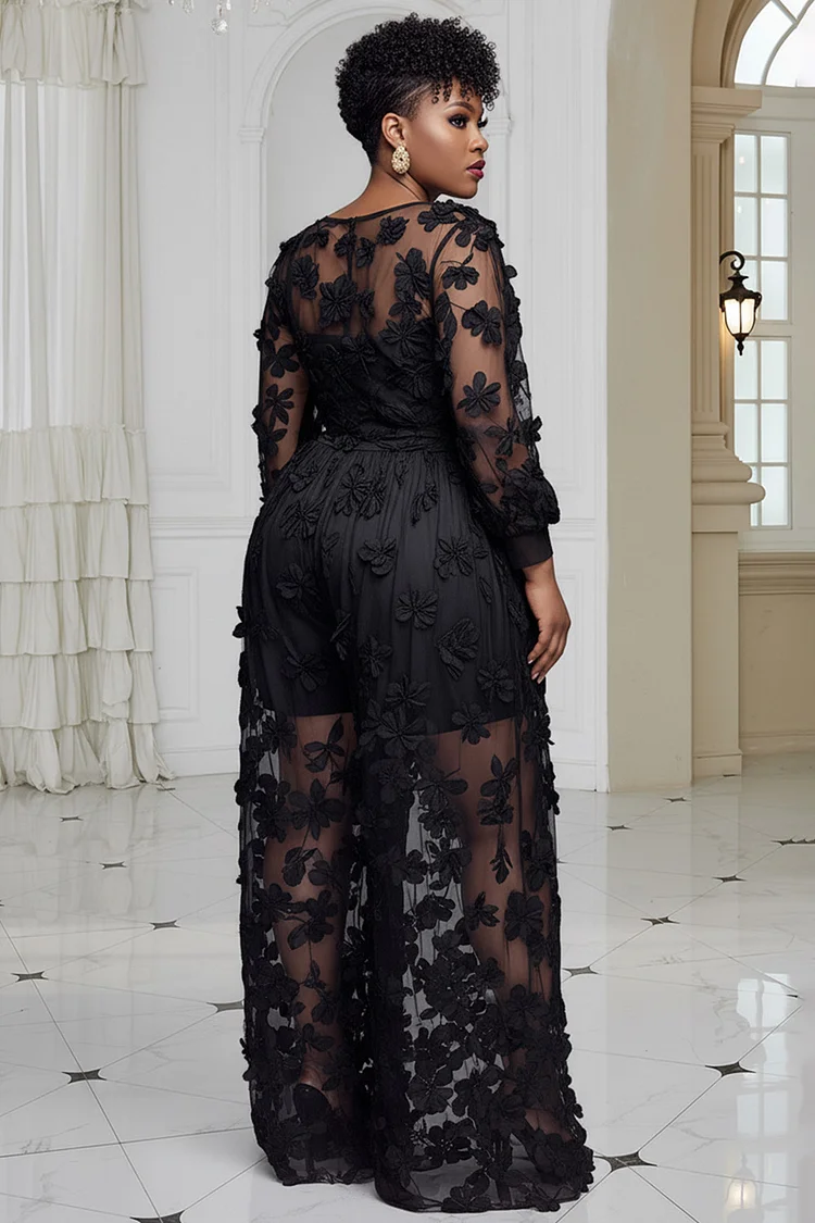 Xpluswear Design Plus Size Cocktail Party Black Round Neck Long Sleeve 3D Elegant See Through Jumpsuits