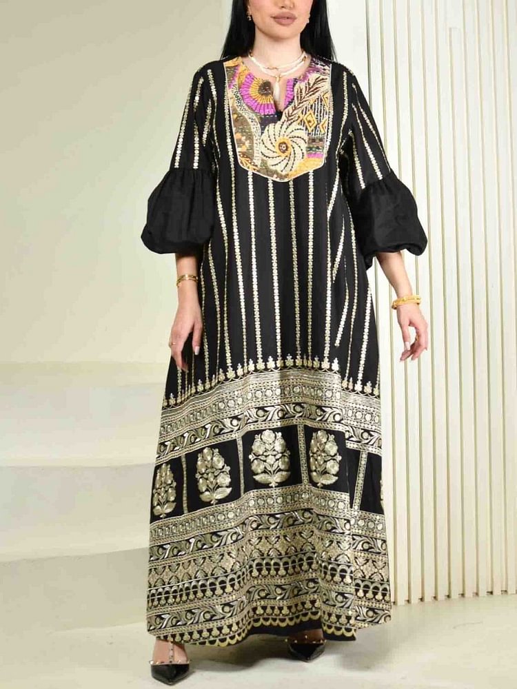 Contrasting Colors Golden Print Bubble Sleeve Gown