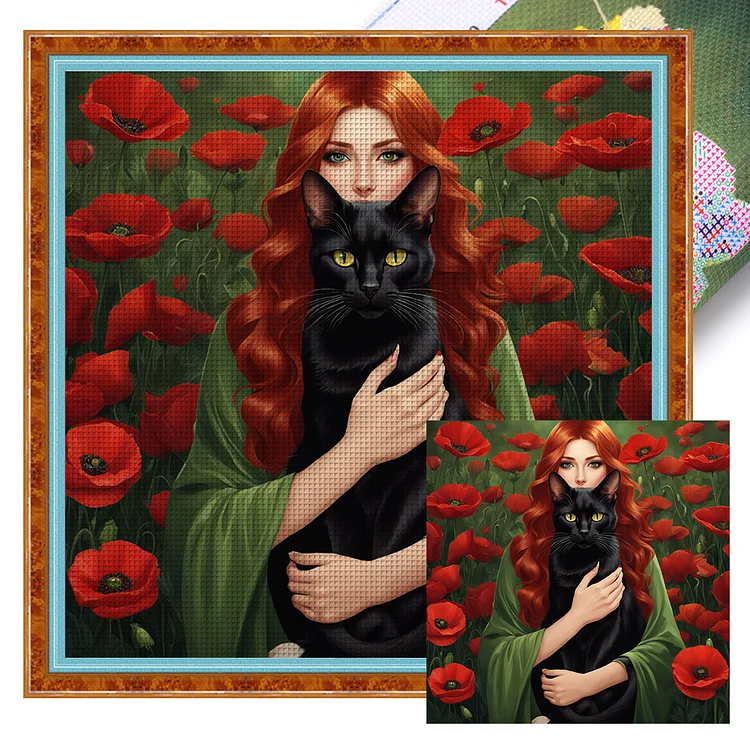 【Huacan Brand】Beauty And Black Cat 11CT Stamped Cross Stitch 50*50CM