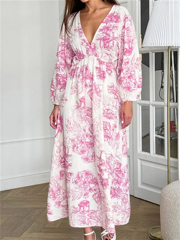 Women's Long Sleeve V-neck Floral Printed Lace-up Midi Dress