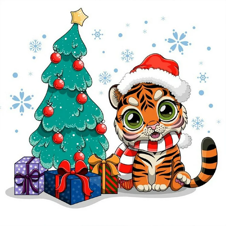 Full Round Diamond Painting - Christmas Tree And Little Tiger 30*30CM